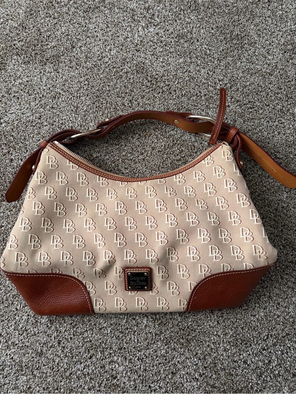 Dooney & Bourke Beige Canvas Shoulder Bag with Brown Leather Trim